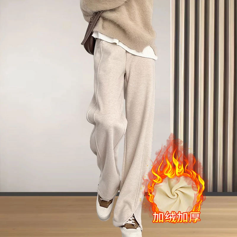 人字纹加绒加厚阔腿裤2025秋冬新款女高腰显瘦直筒窄版保暖开叉裤