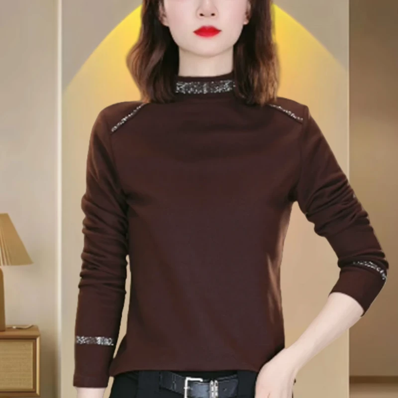 【茶芙巷】半高领烫钻2025秋季新款纯色长袖T恤显瘦打底衫女【YLL】