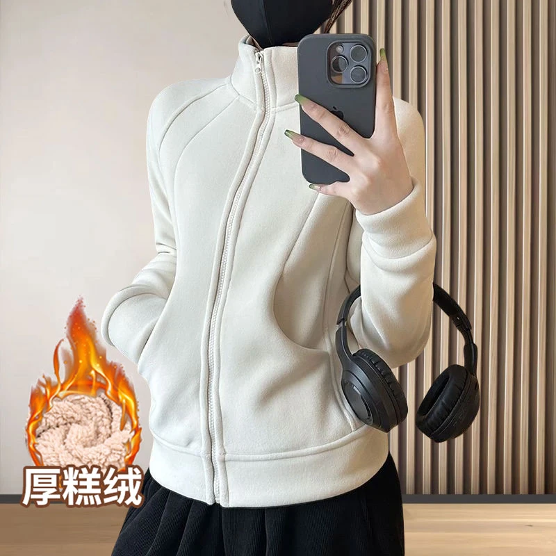 秋冬加绒加厚特厚绒美式立领运动外套女休闲百搭显瘦保暖2025新款
