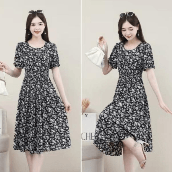 中长款印花雪纺连衣裙女2024新款夏季圆领短袖收腰显瘦轻熟风裙子