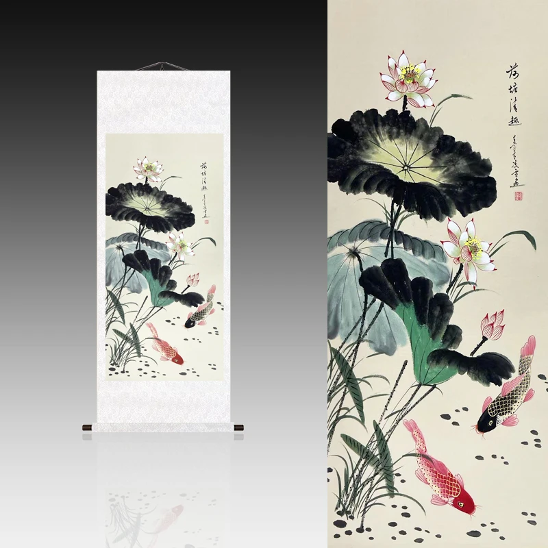 《荷塘清趣》-竖幅花鸟画玄关画客厅风水画