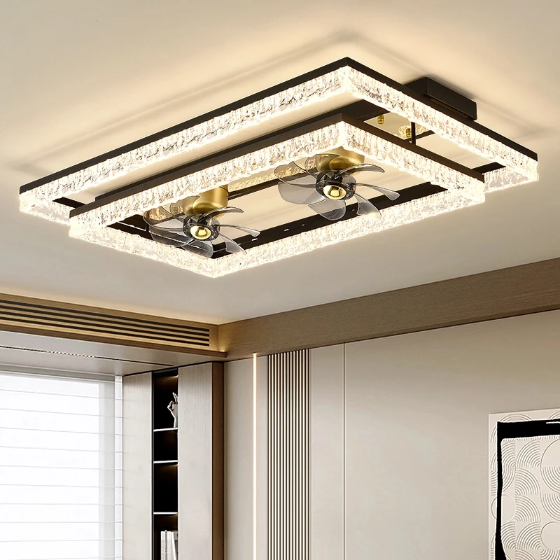 意式轻奢风扇灯客厅吸顶灯全光谱大气冰裂纹摇头电扇灯一体卧室灯