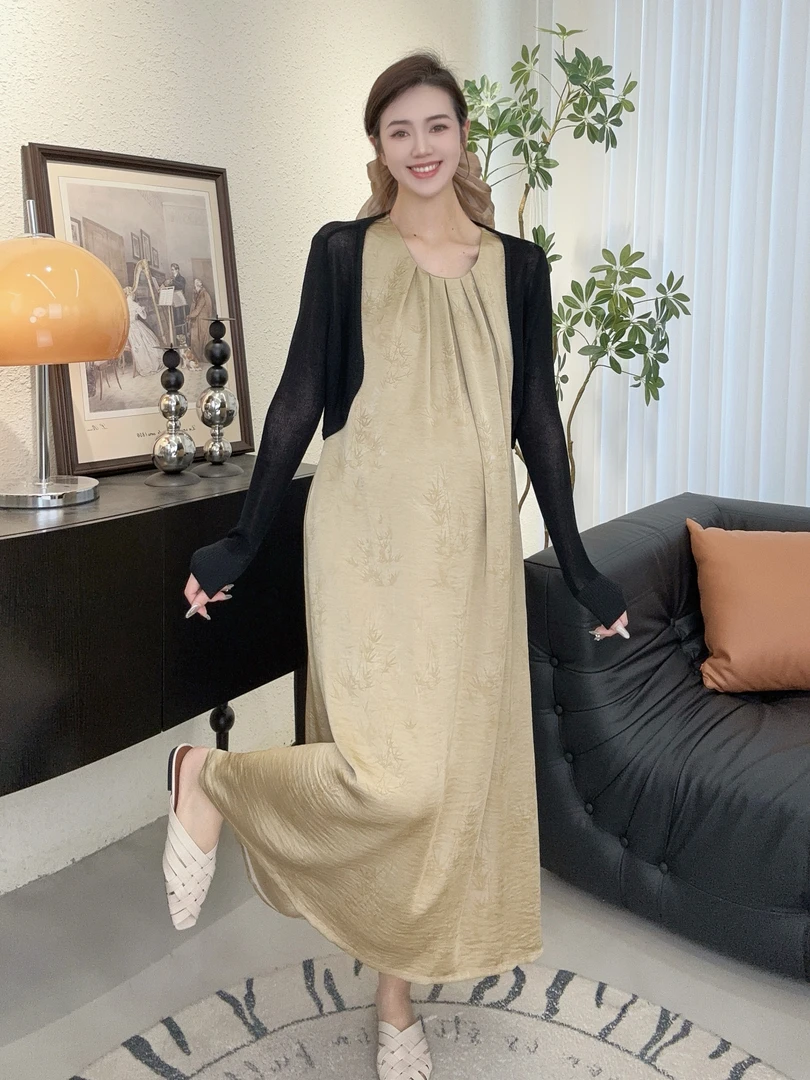 Zoey孕妇装夏季新款凉感缎面提花新中式长款孕妈妈宽松连衣裙