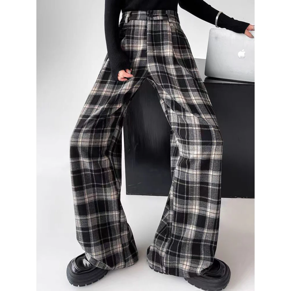 黑白格子高级感毛呢西装裤子女秋冬季2023新款高腰窄版直筒阔腿裤