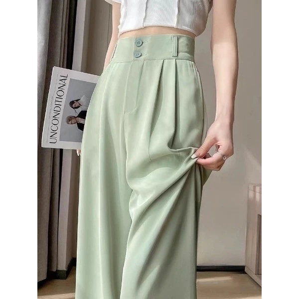 绿色冰丝阔腿裤女夏季薄款高腰垂感雪纺凉凉裤窄版直筒休闲西装裤
