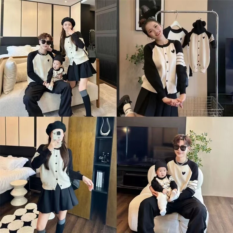 亲子装一家三口网红款亲子装圆领开衫洋气童装情侣装婴儿家庭装