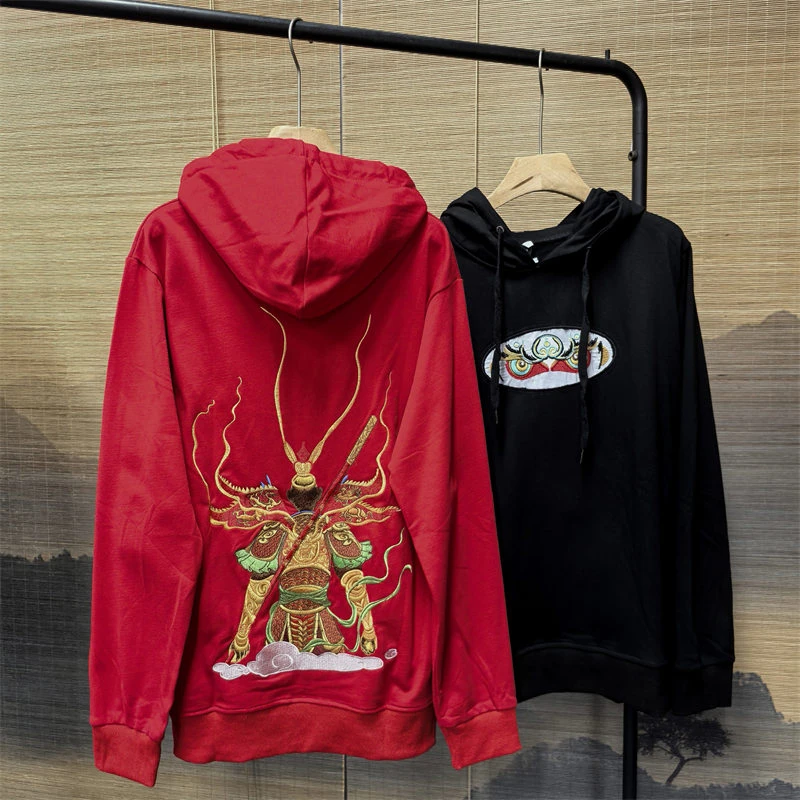 24A4D5春秋新中式毛圈棉刺绣卫衣男女复古风时尚百搭套头连帽外套