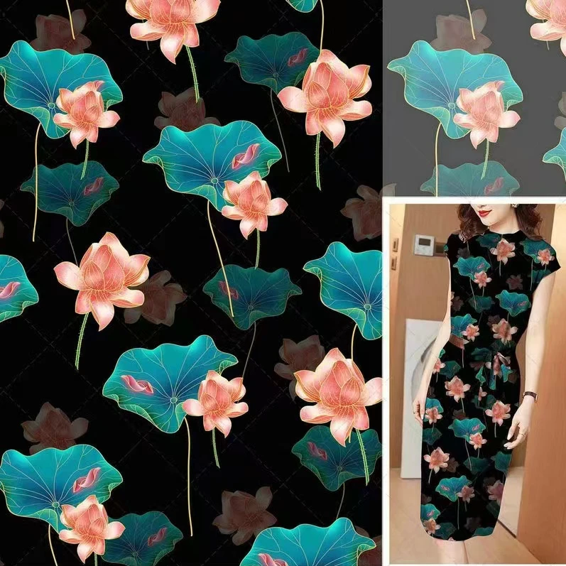 棉绸面料布料夏日荷塘3D立体印花