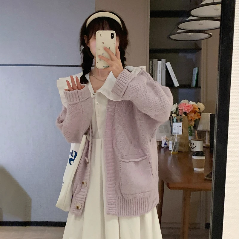JR5316秋冬季加厚温柔风紫色针织开衫上衣设计感慵懒毛衣外套女装