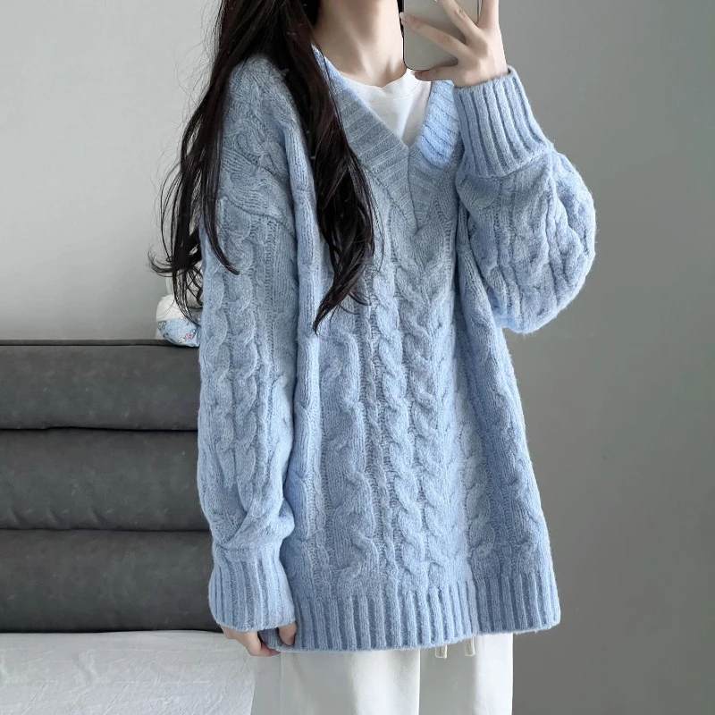 JR5974奶fufu蓝色V领毛衣外套针织中长款慵懒风外穿新款秋冬季女