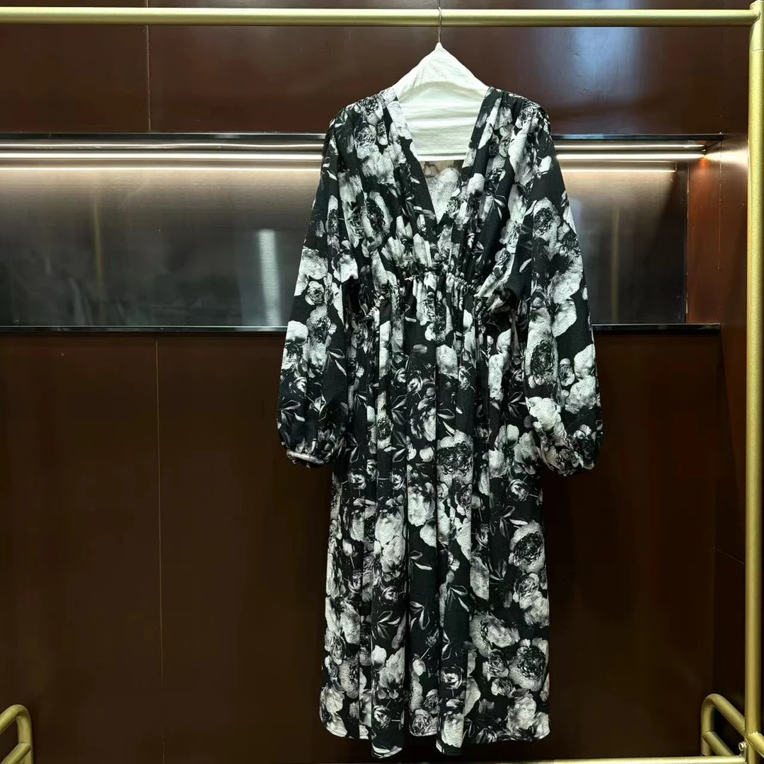 CLYQ2217 意大利客人订单黑白印花连衣裙