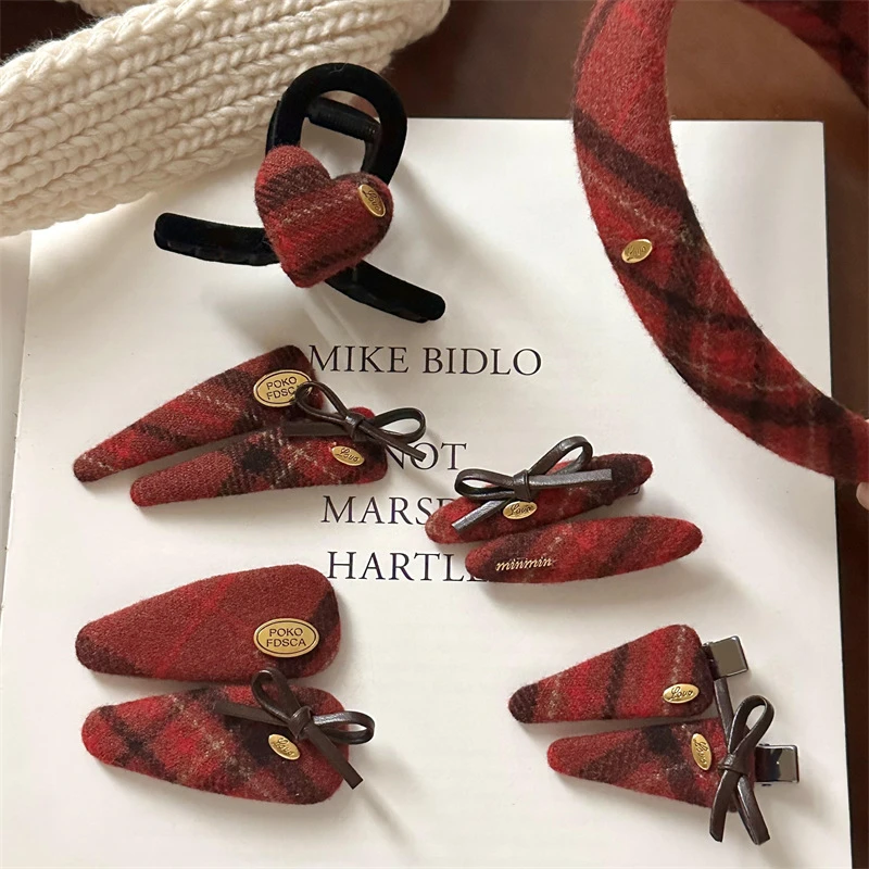 新款复古红色系爱心酒红格纹发夹发箍抓夹蝴蝶结金标发卡发饰头饰