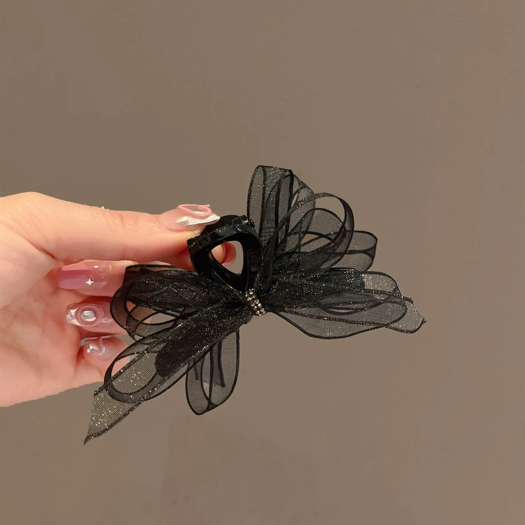 2024韩系发卡黑色欧根纱蝴蝶结抓夹甜美少女刘海侧边夹发夹发气质