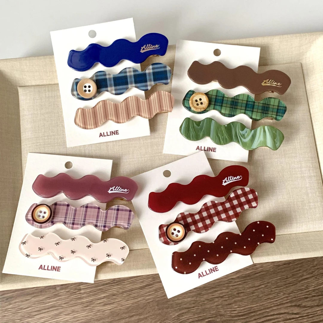 韩系可爱波浪纽扣格纹彩色三件套儿童刘海夹侧边夹新款波点发饰女