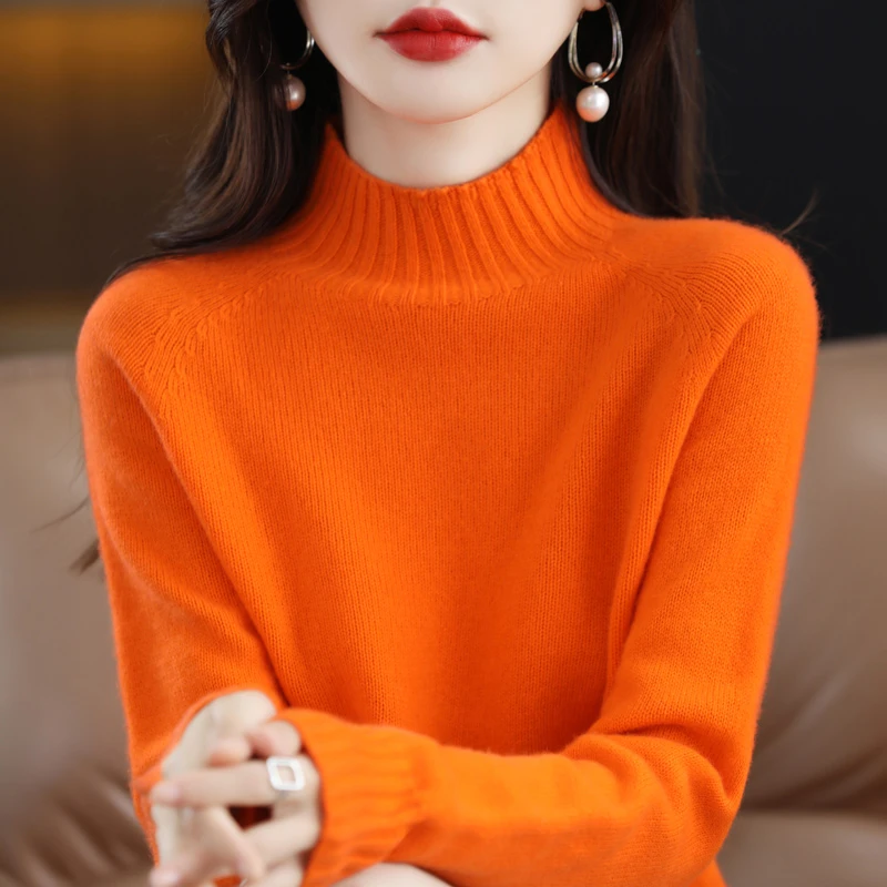 加厚一线成衣无缝100%纯羊毛女半高领毛衣秋冬长袖宽松羊绒针织衫
