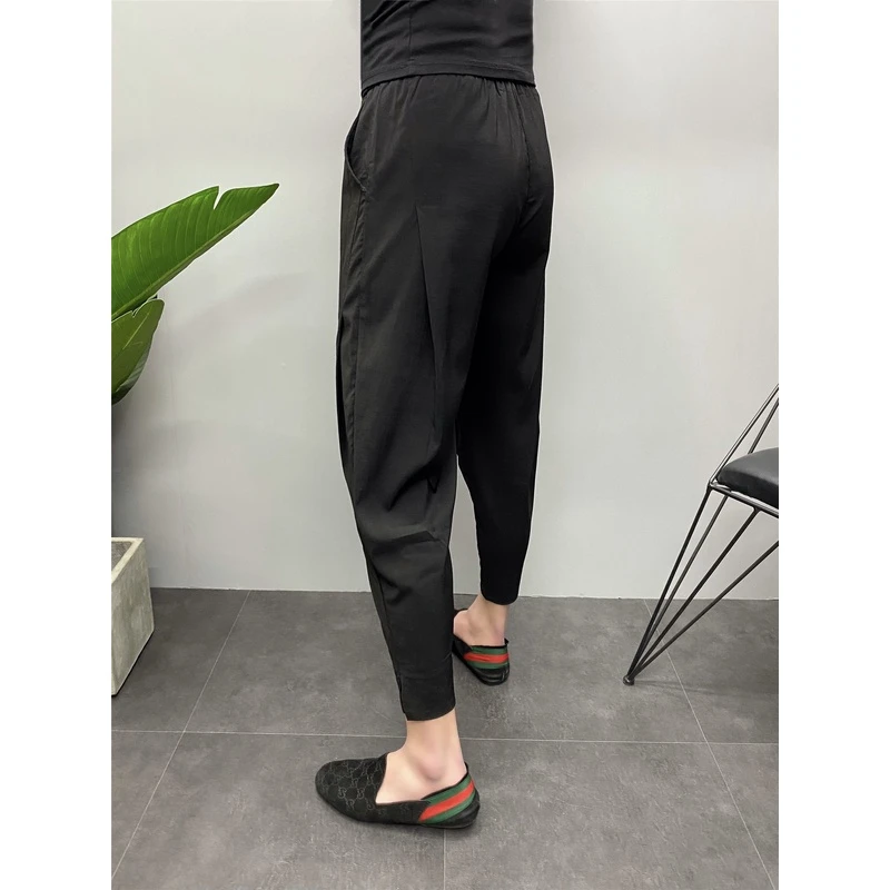 夏季薄款冰丝裤子男九分裤脚开叉纯色净版小脚哈伦裤宽松休闲裤潮