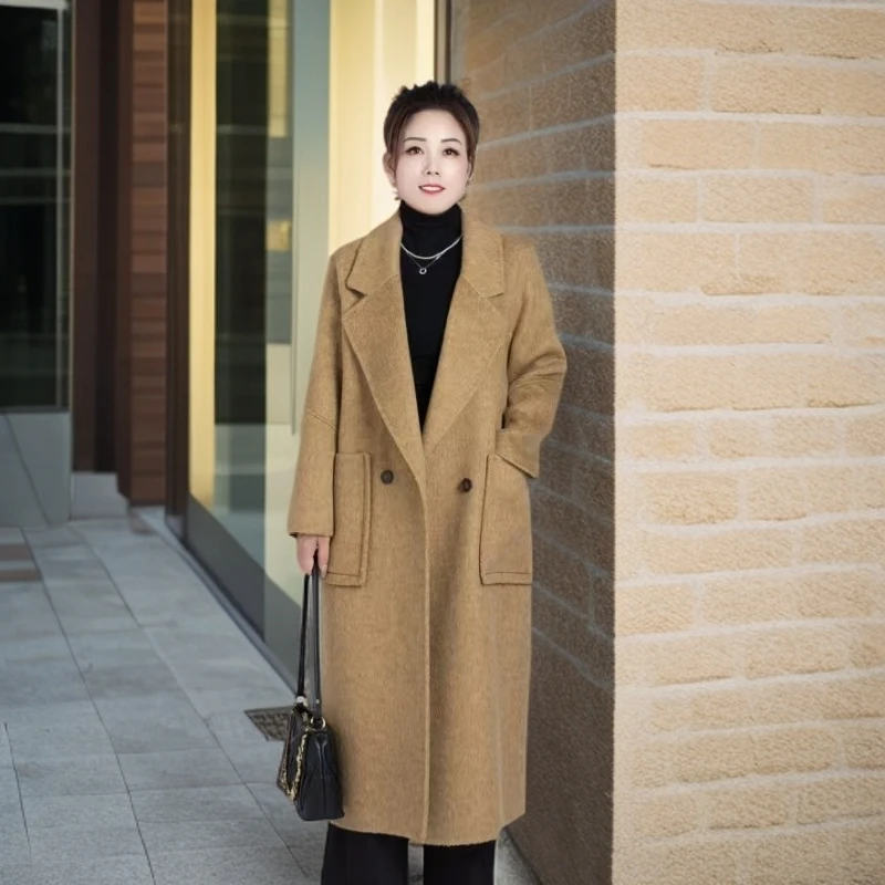 98011宽松休闲贡针西装领双面羊毛大衣长款女士外套