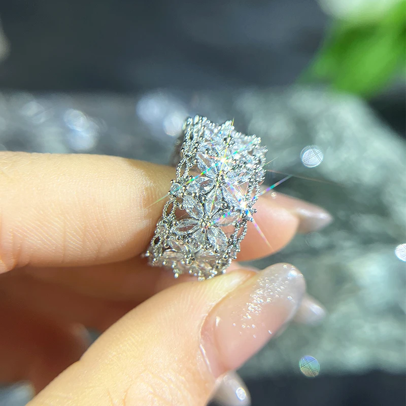 合金玻璃戒指 微镶重工花朵锆石戒指女轻奢气质可调节指环个性