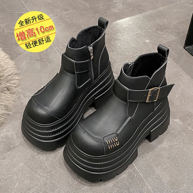 欧货松糕厚底马丁靴女2024冬季新款拉链英伦风小个子增高加绒短靴