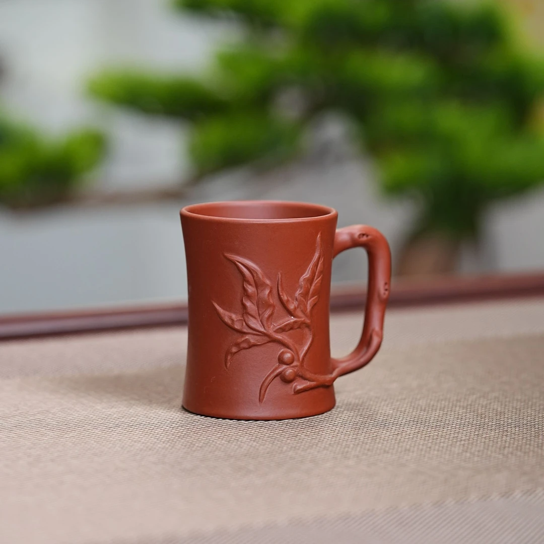 宜兴原矿鸡血大红袍朱泥手工堆绘葡萄紫砂主人杯品茗手把茶具038