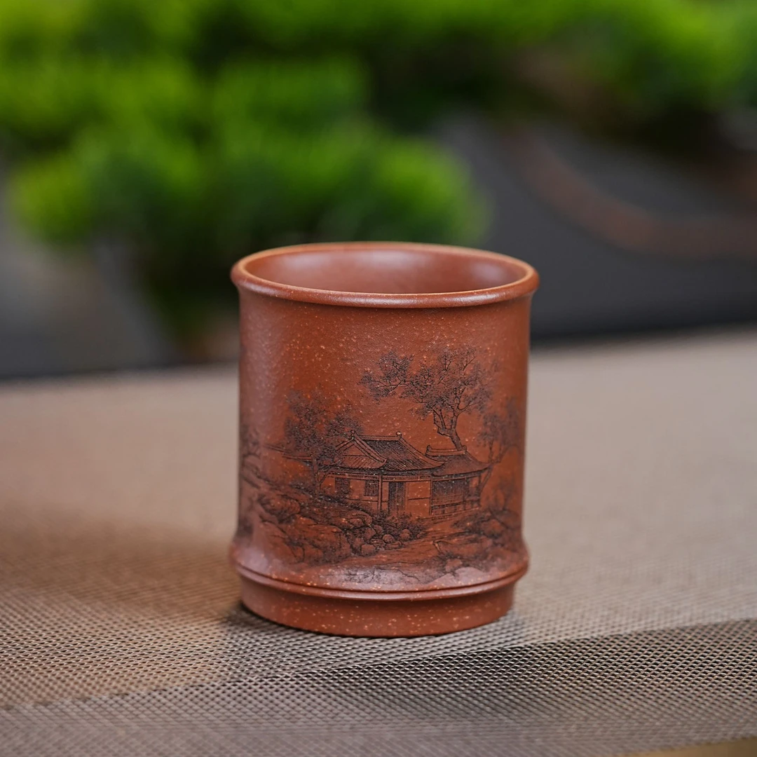 宜兴原矿底潮清紫泥手工刻绘山水紫砂主人杯品茗杯茶具杯226