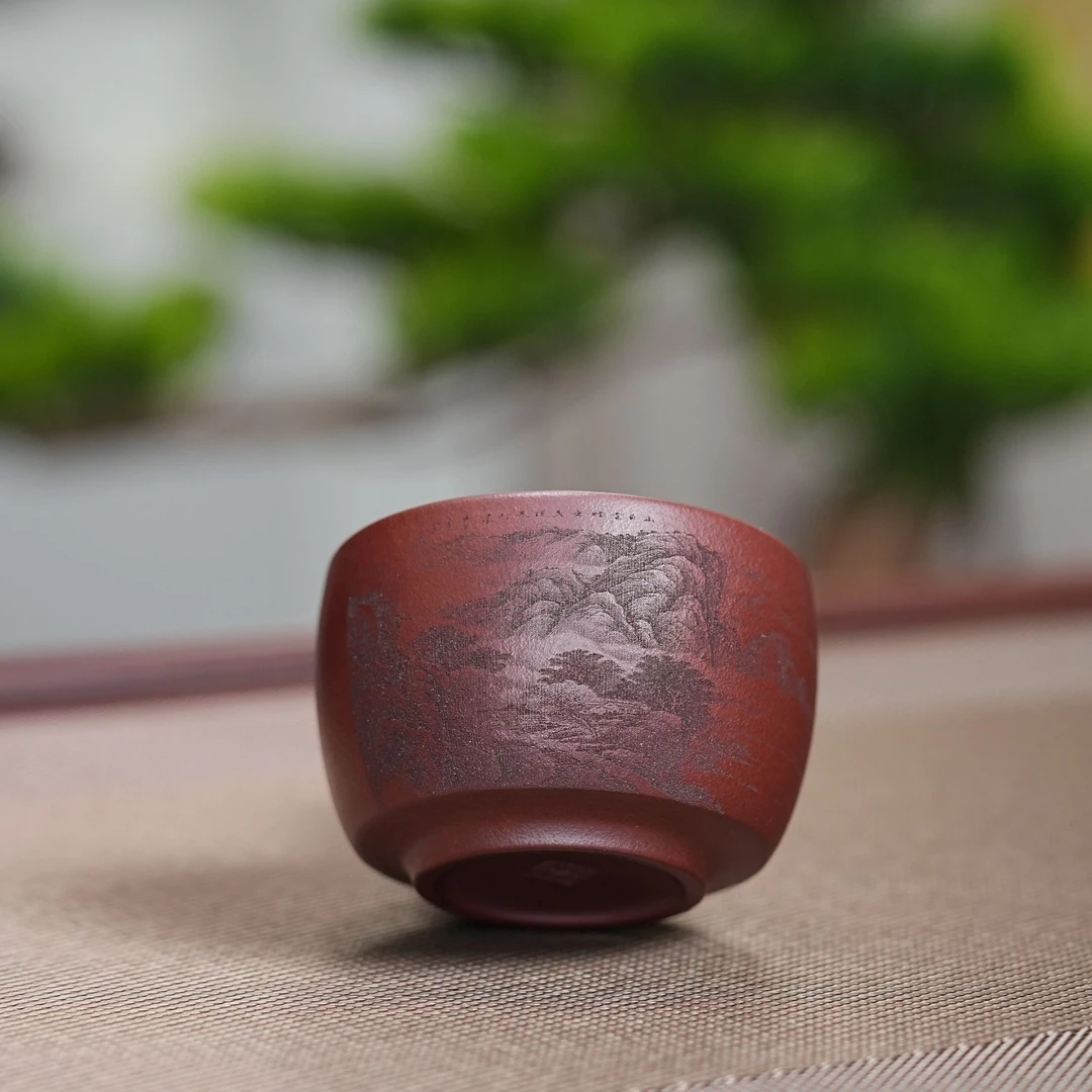 宜兴原矿老紫泥手工刻绘山水紫砂主人杯品茗杯茶具021