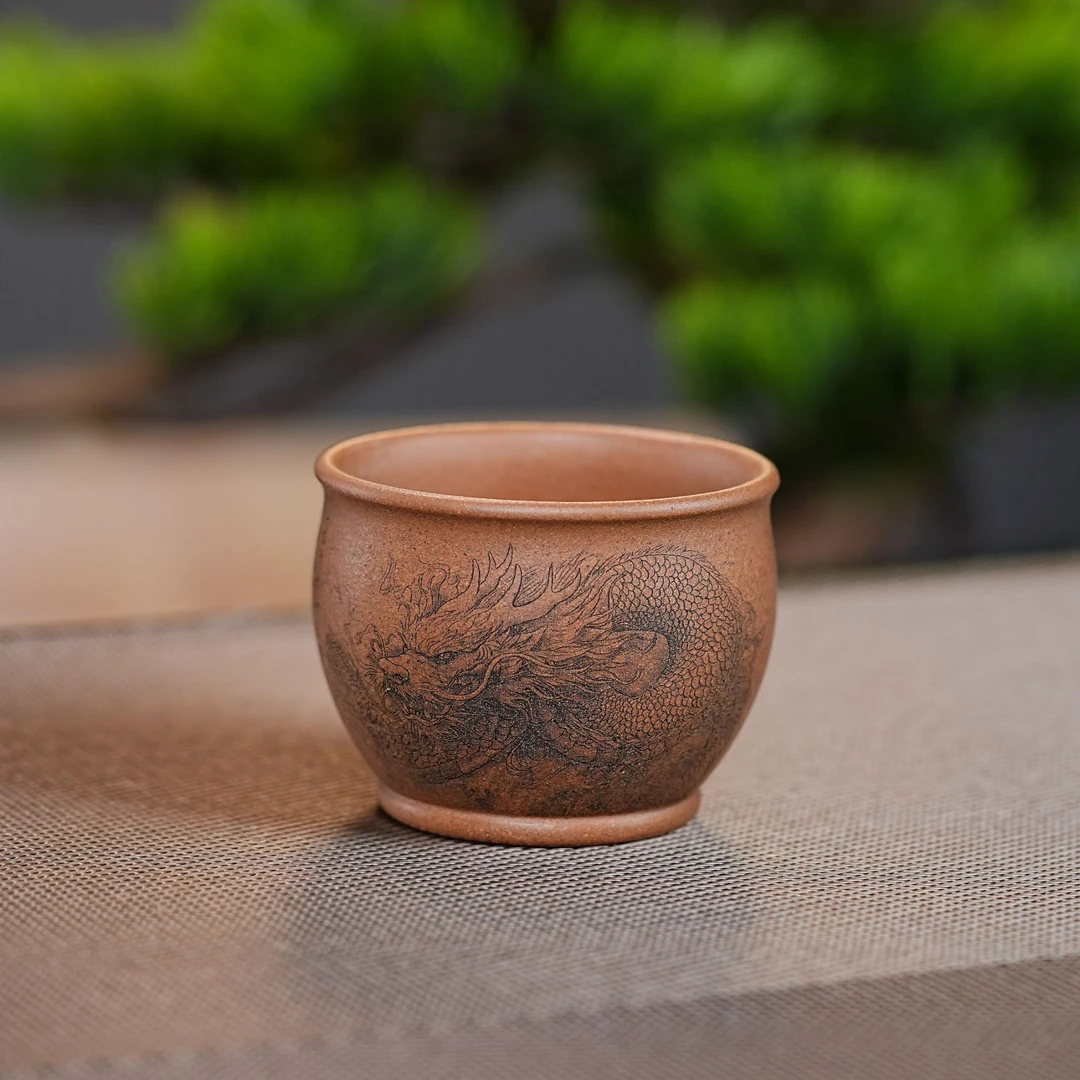 宜兴原矿七彩降坡泥手工刻绘龙行天下紫砂主人杯品茗杯茶具杯204