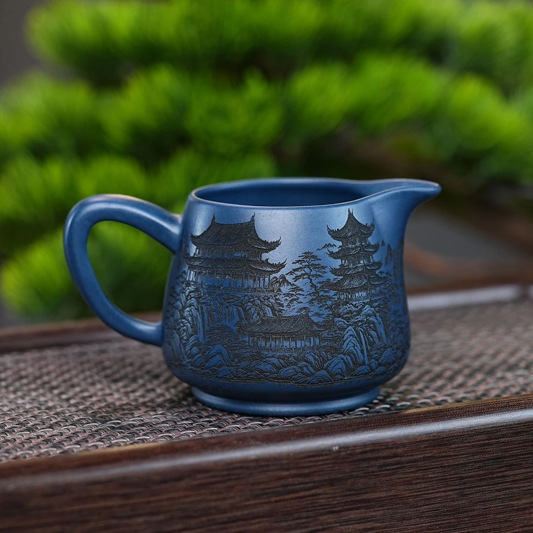 宜兴原矿苏门答腊青手工刻绘山水紫砂主人杯品茗杯茶具杯328