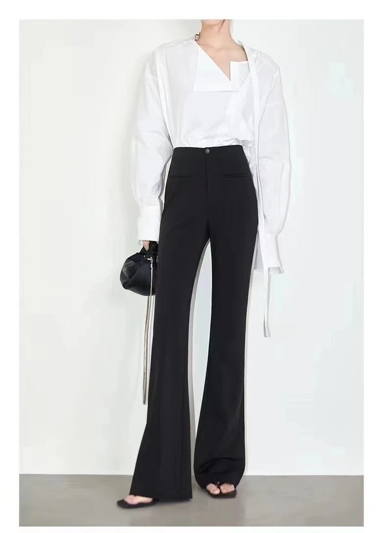 拍大一个码早秋新款时尚高腰气质修身显廋微喇长裤女减龄长裤