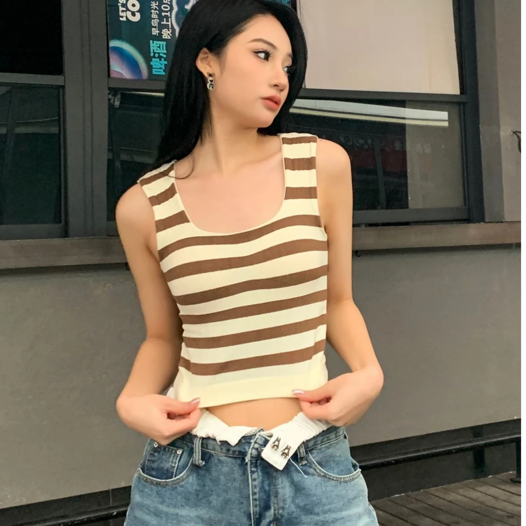 2362女款四季莫代尔条纹百搭背心无钢圈固定杯美背显瘦休闲背心
