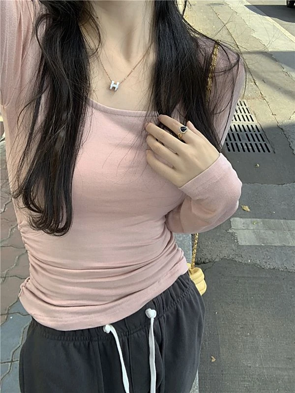 纯欲风方领辣妹T恤女秋季2023新款修身抽褶设计感长袖打底衫上衣