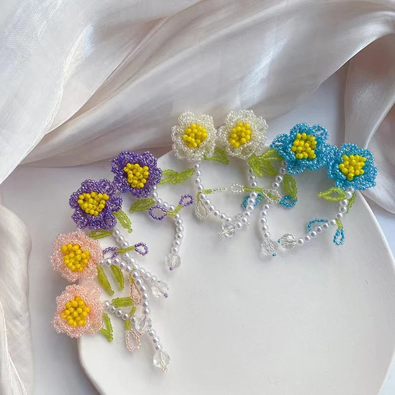 铜合金仿珍珠耳饰 手工串珠花朵耳环甜美个性文艺小众耳饰古风