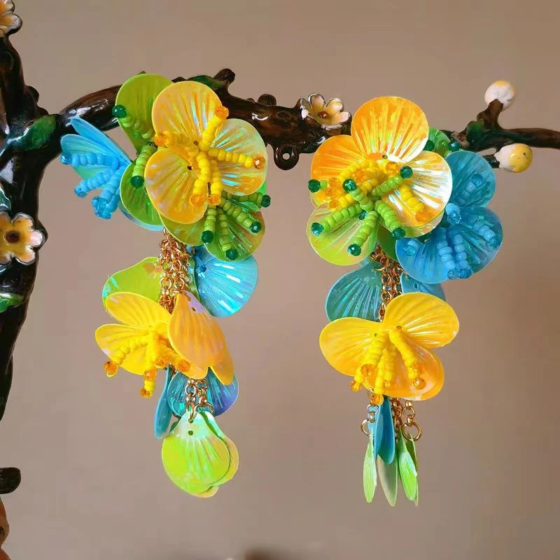 合金耳饰 波西米亚民族风彩色亮片手编花朵流苏耳环街拍气质耳饰