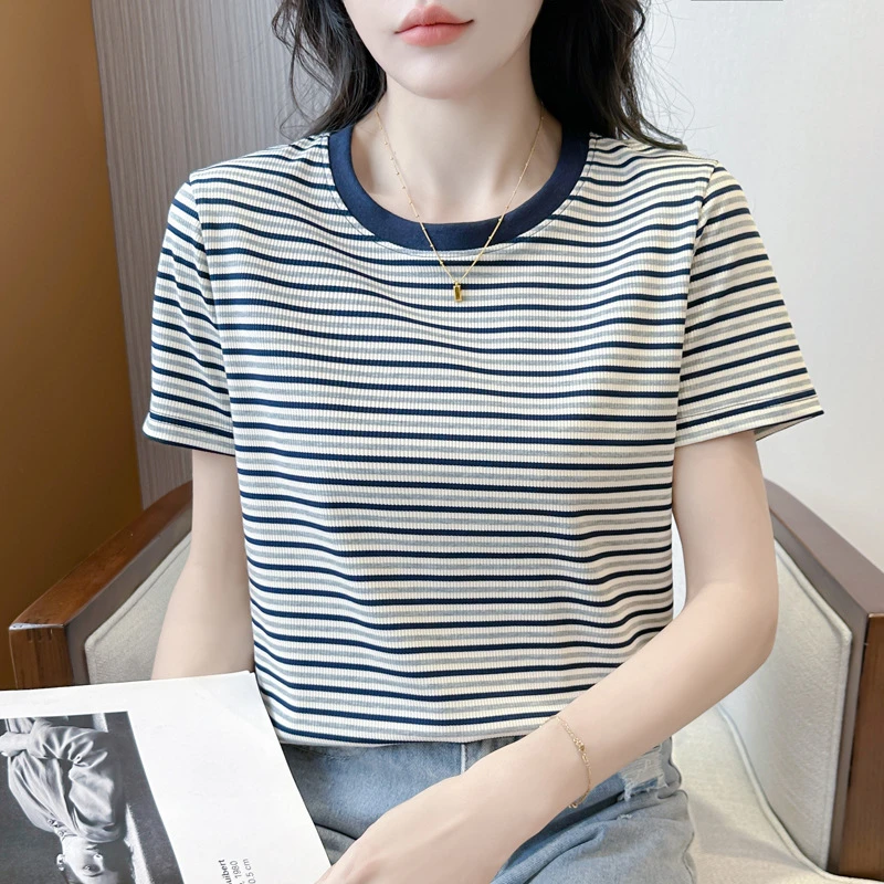 2025年夏季新款条纹短袖T恤女气质显瘦高品质上衣夏装 087-0824