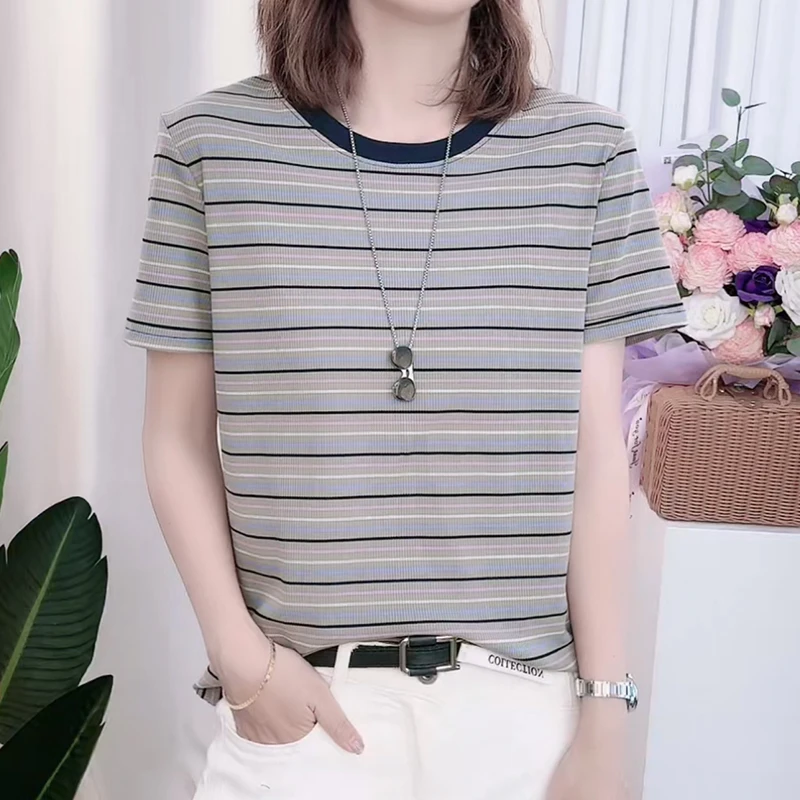 2025年夏季新款条纹短袖T恤女气质休闲时尚上衣 090-0824