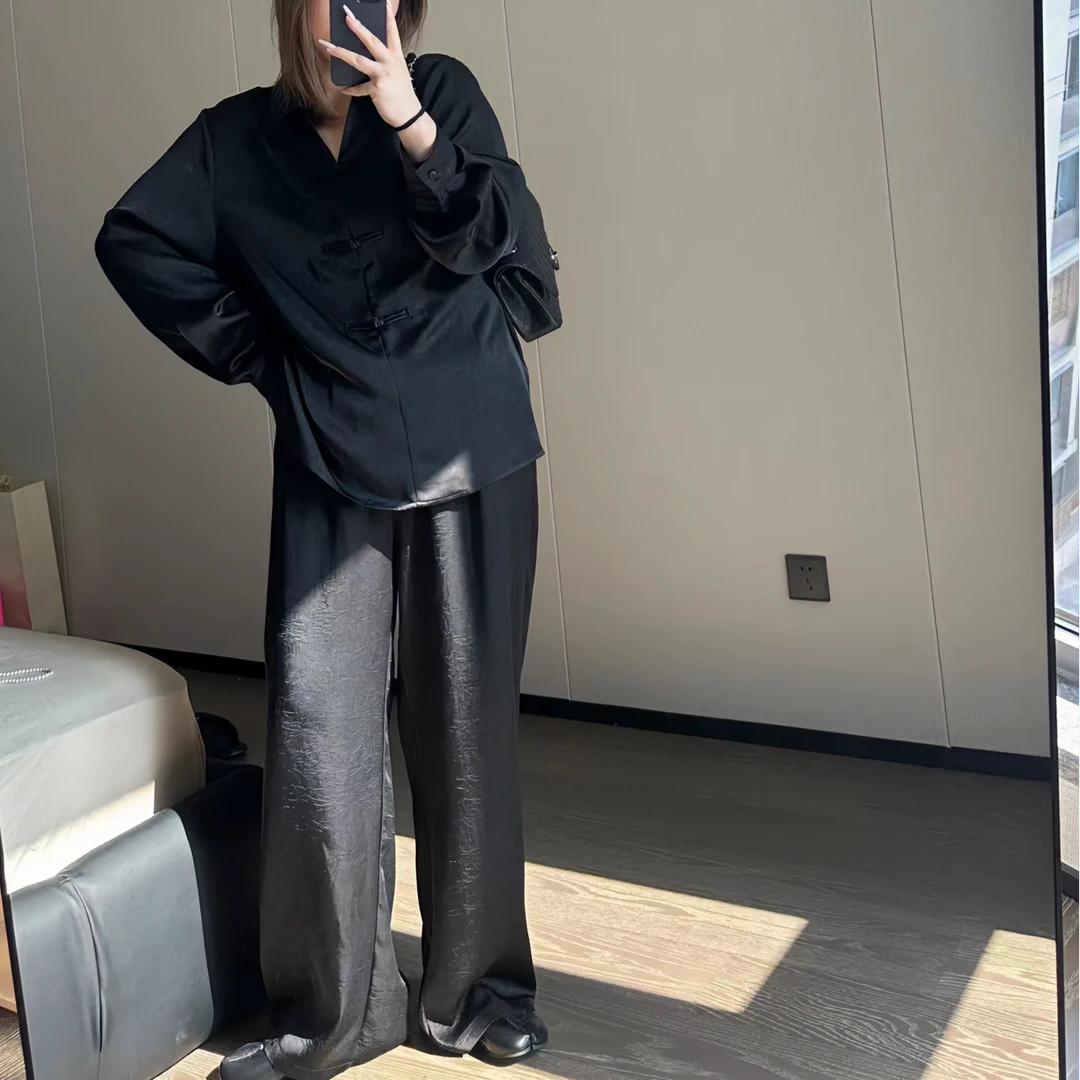 【吃不饱饱】大码早春 新中式国风肌理感提花衬衫直筒裤两件套S178