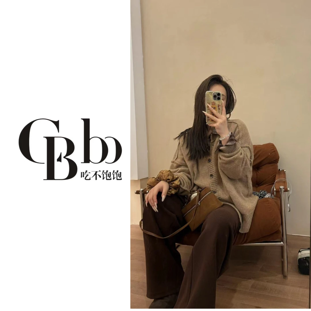 【吃不饱饱】大码 枫糖撞奶 时尚慵懒宽松百搭外套针织开衫8367