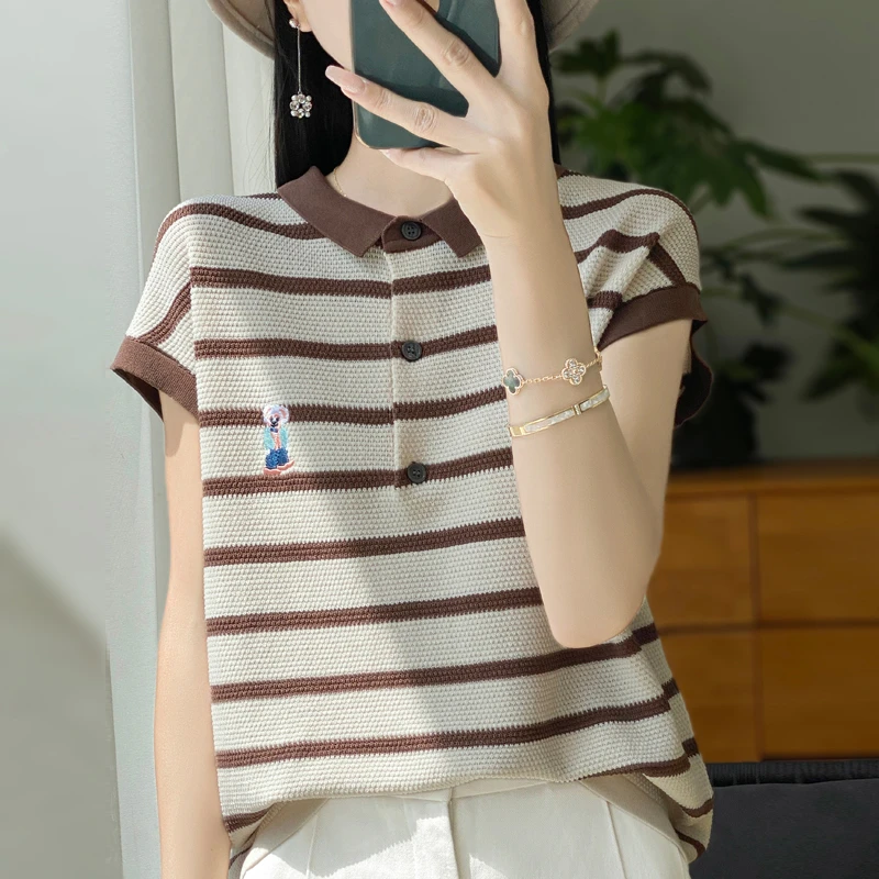 条纹短袖T恤女针织衫2024夏季新款拼色POLO领宽松上衣小熊刺绣