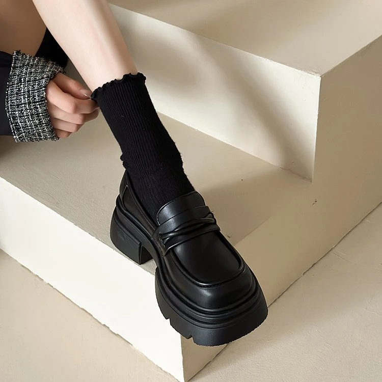 【万达撤柜】厚底粗跟英伦风小皮鞋女2024新款春季一脚蹬单鞋黑色