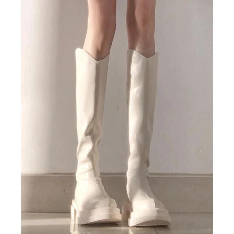 【万达撤柜】春夏季高筒靴白色V口长筒靴女小个子厚底弹力瘦瘦骑