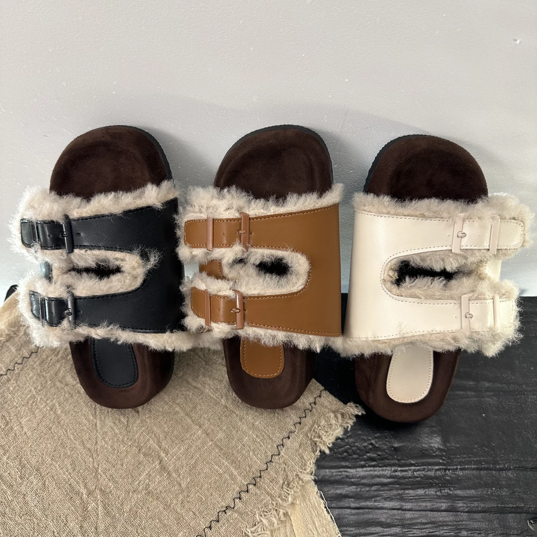 2024年秋冬双扣一字带时尚懒人厚底露趾毛毛勃肯女拖鞋外穿百搭