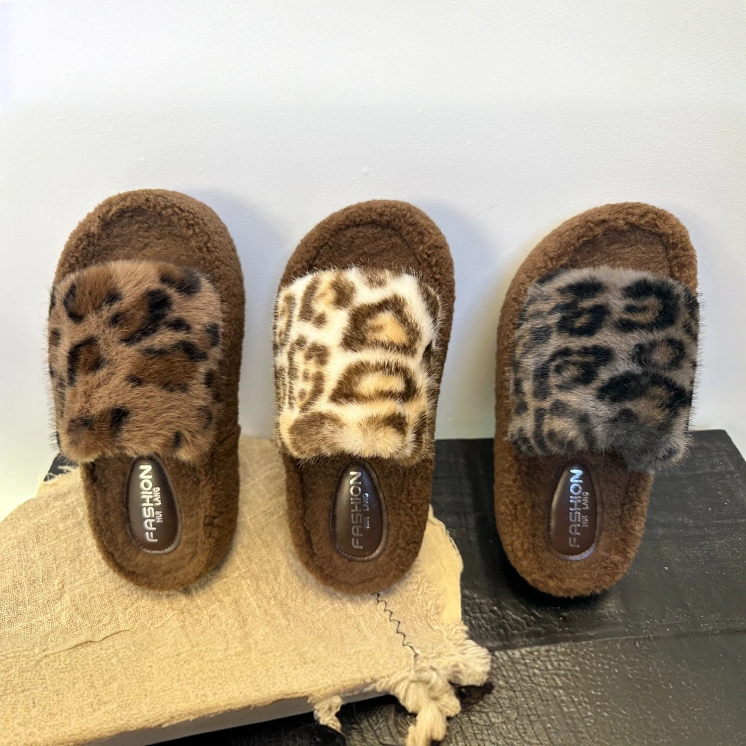 厚底毛毛拖鞋女外穿2024新款韩版秋冬季时尚百搭豹纹防滑毛绒拖鞋