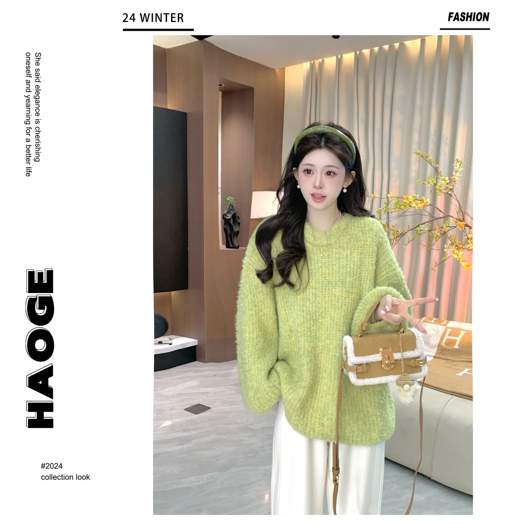 浩哥严选●毛衣预Q4MY3535A气质网红针织绿色宽松圆领ol套头