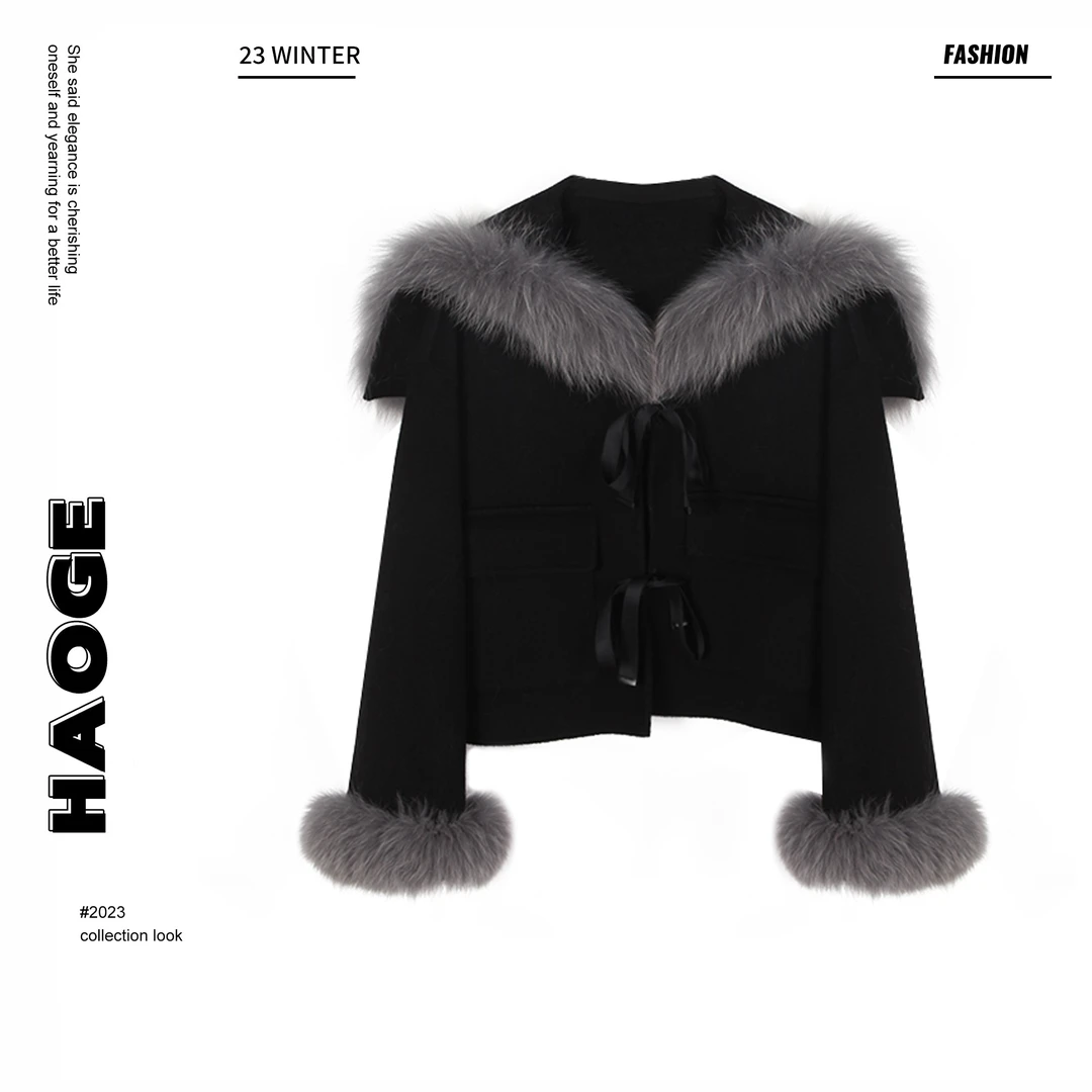 浩哥严选●微醺朗姆Q3WT5035A时尚休闲大毛领黑色短外套