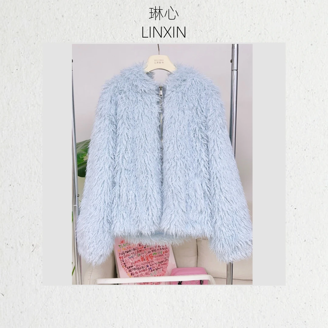 琳心丨小蓝熊丨秋冬气质百搭时尚轻奢蓝色毛绒感开衫外套0265