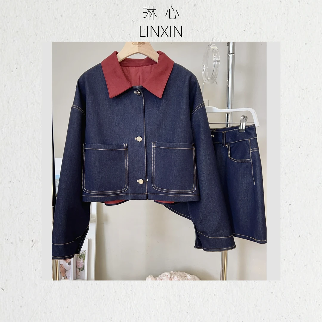 丨春秋时尚甜美百搭减龄商务蓝色牛仔套装DX8639