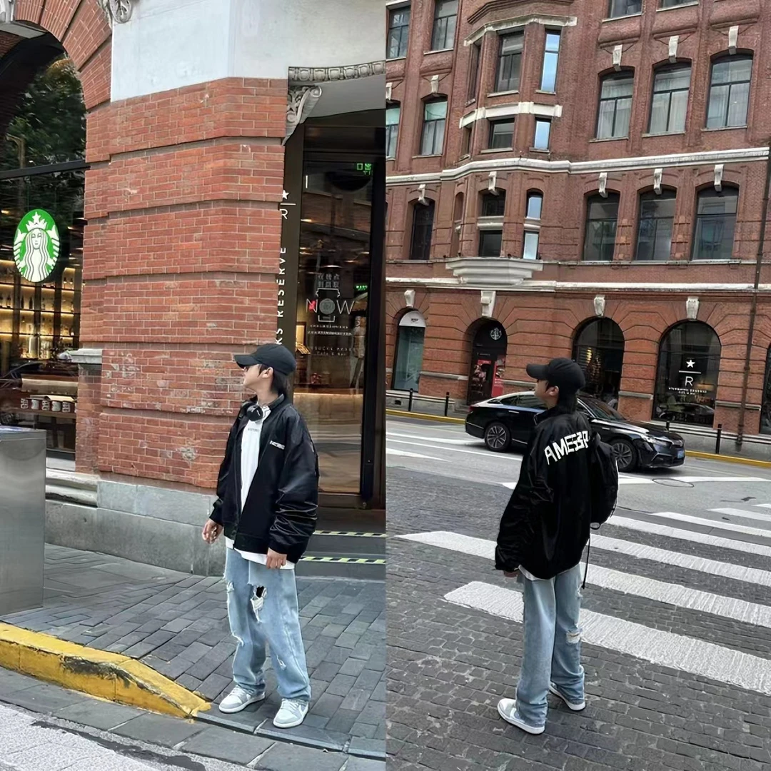 （小孙同款）黑色后背字母设计款出街潮流时尚宽松棒球儿童外套