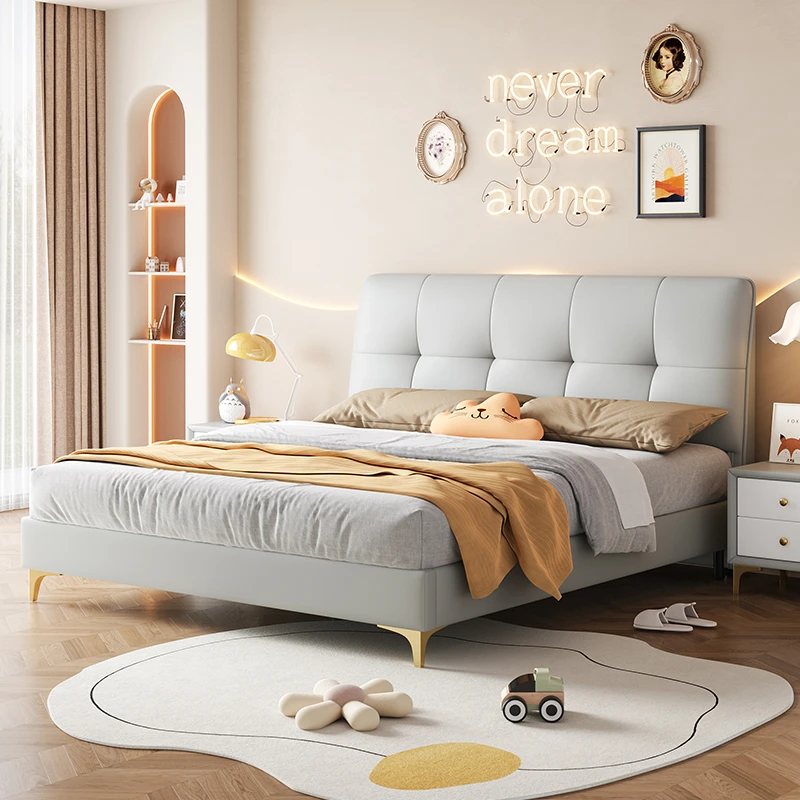 简约奶油风儿童床男女孩免洗纳帕真皮现代软包公主床主卧储物床