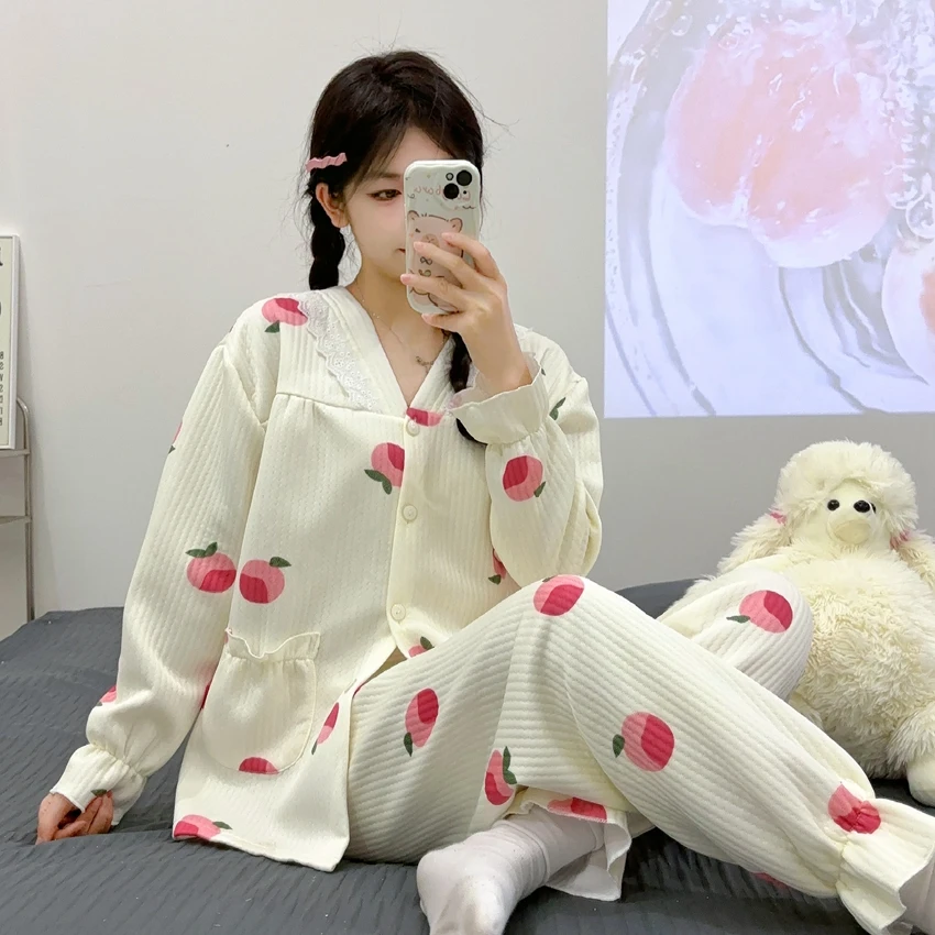 高级感睡衣女长袖春秋款空气层韩版网红风宽松开衫家居服秋冬季