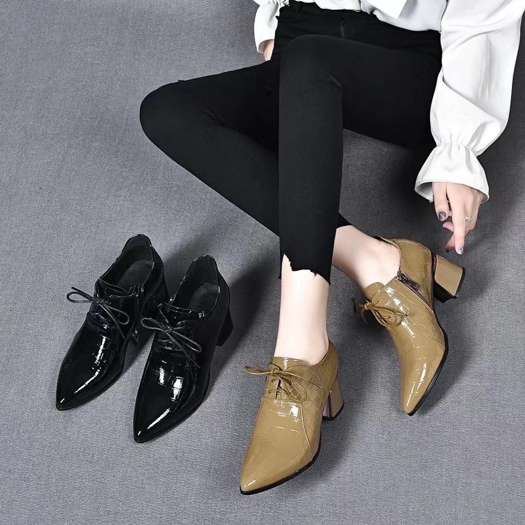 头层牛皮女单鞋2023新款深口系带女鞋漆皮亮皮休闲真皮鞋圆头中跟